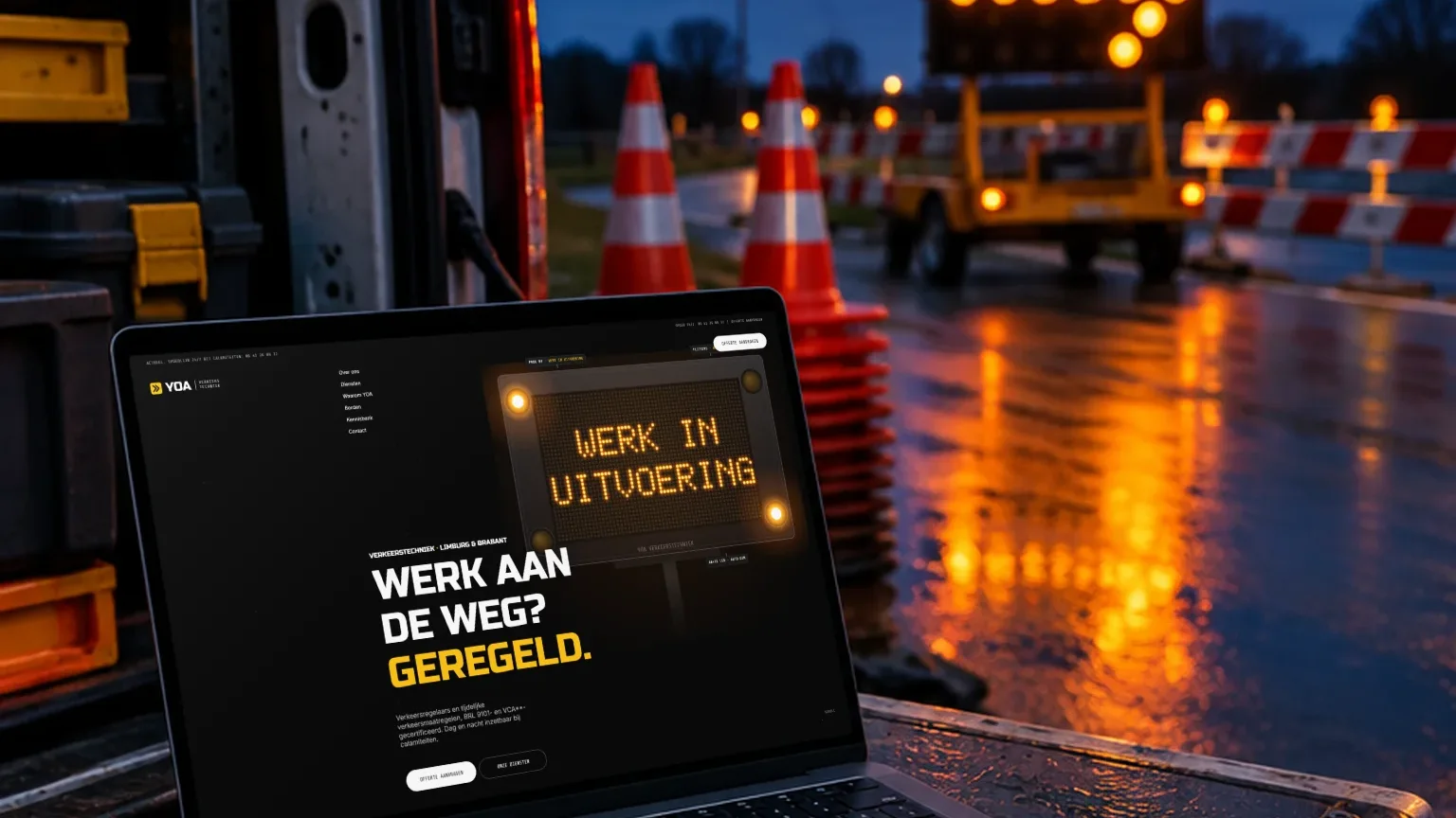 Laptop op een werkbus bij wegwerkzaamheden met de website van YOA Verkeerstechniek